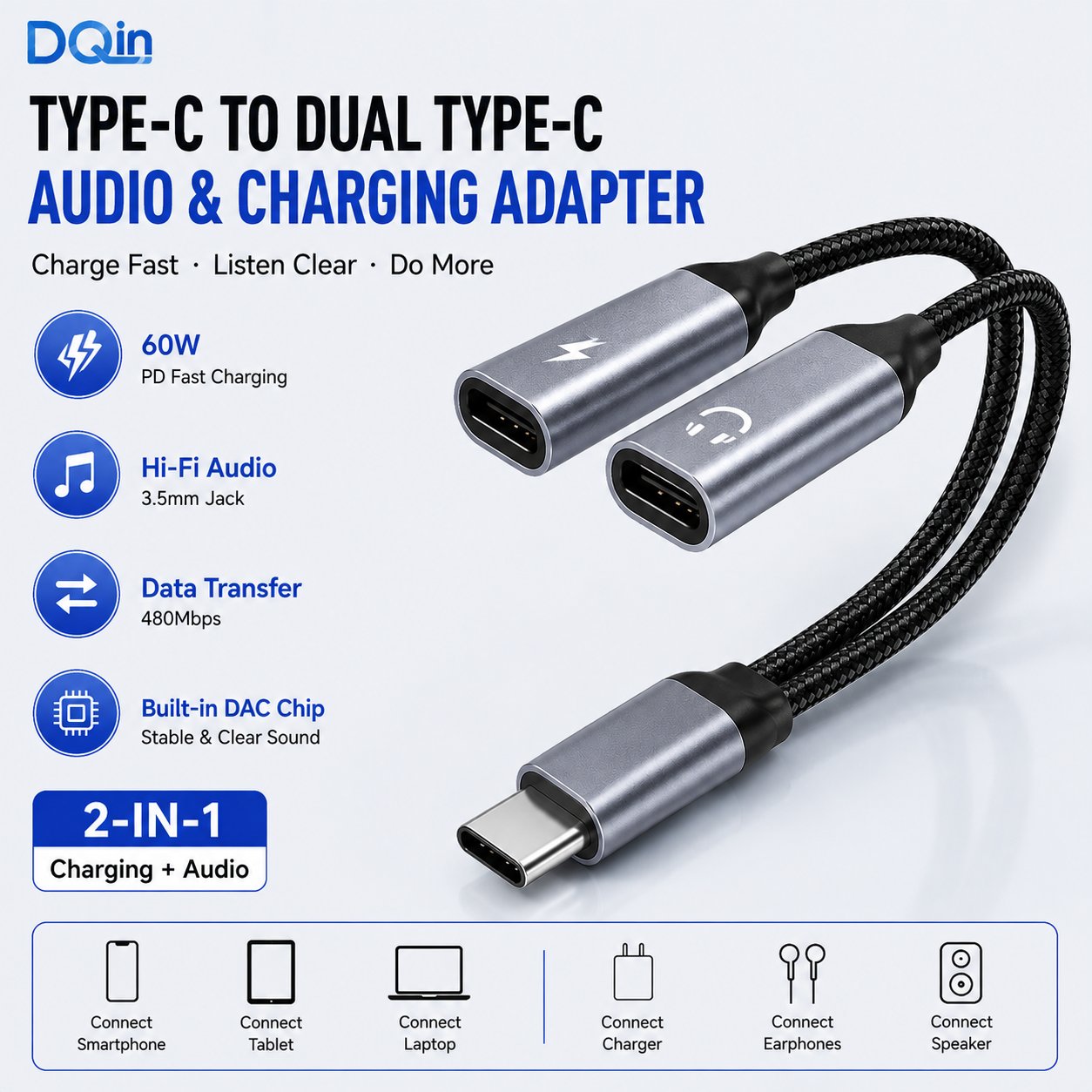 DQin AC08CC 2-in-1 Type-C audio adapter